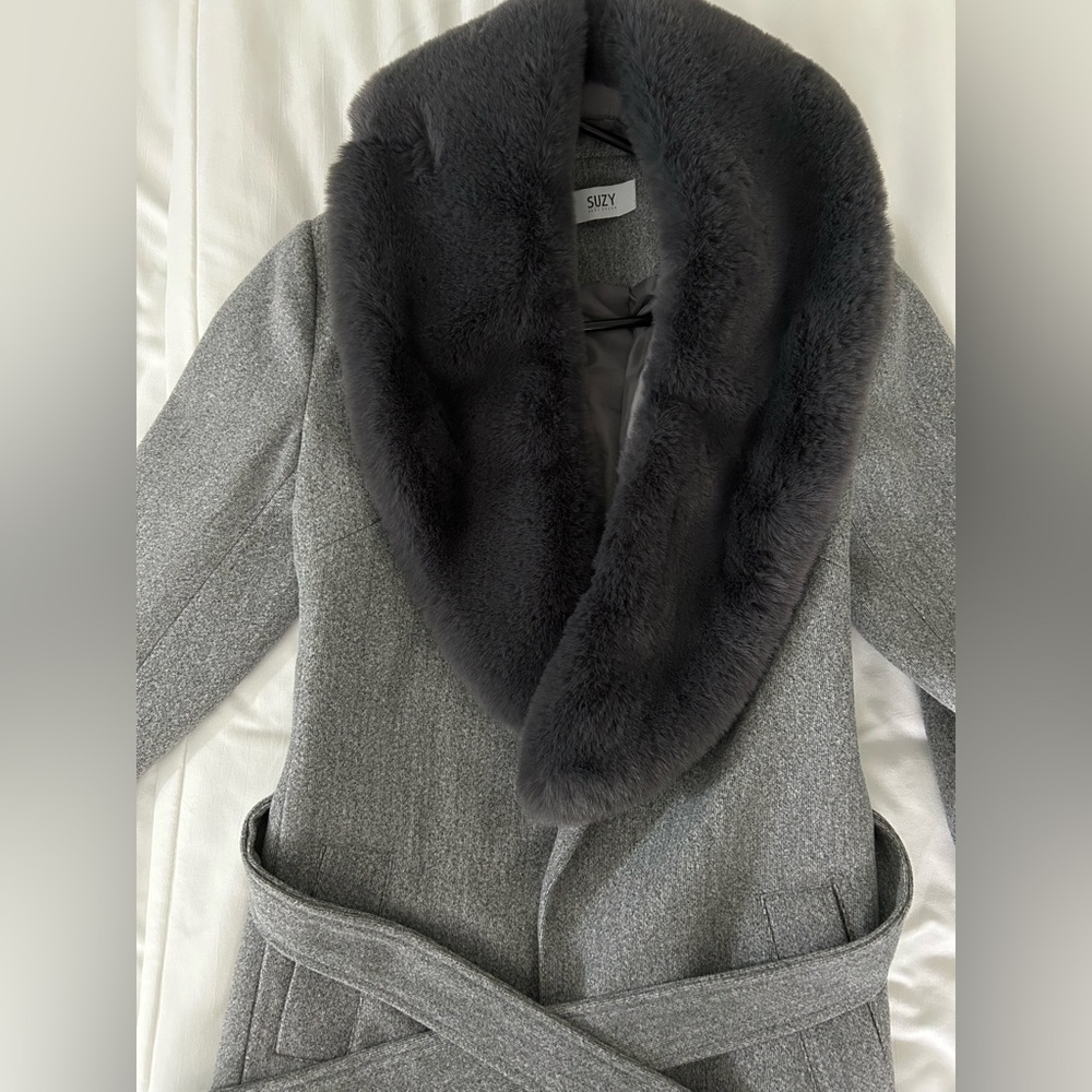 Gray Pea Coat with Faux Fur Collar
